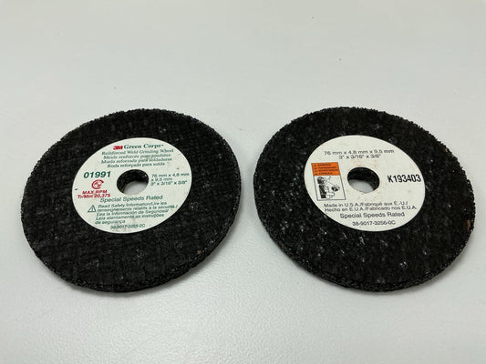 (3) 3M 01991 Green Corps Reinforced Weld Grinding Wheel 3'' X 0.22'' X 3/8''