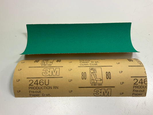 100 3M 02225 Green Corps Production Resin Sandpaper Sheets, 80D Grit, 3-2/3''x9''