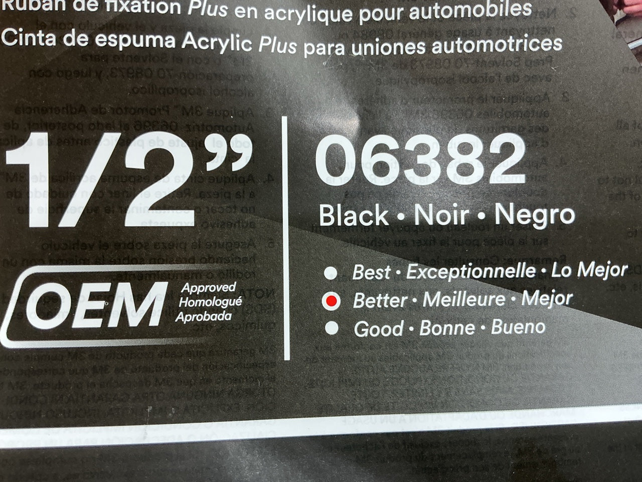 3M 06382 Automotive Acrylic Plus Double Side Attachment Tape Black 1/2'' X 20 Yds