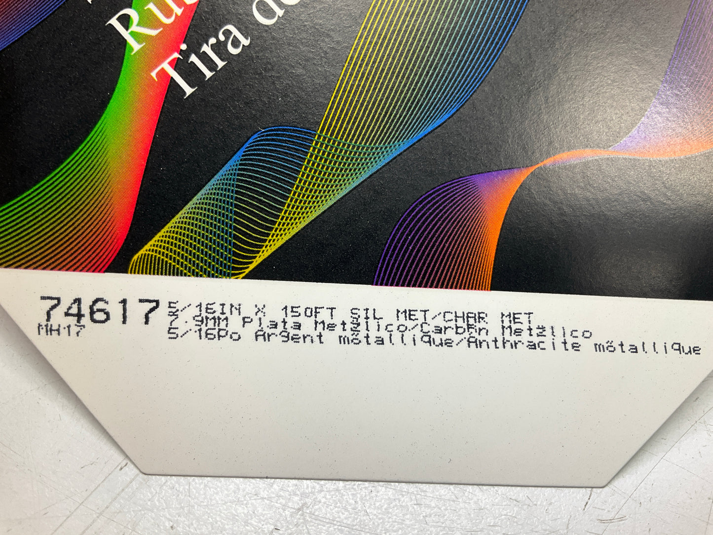 3M 74617 Scotchcal 5/16''x150' Silver Metallic / Charcoal Metallic Striping Tape