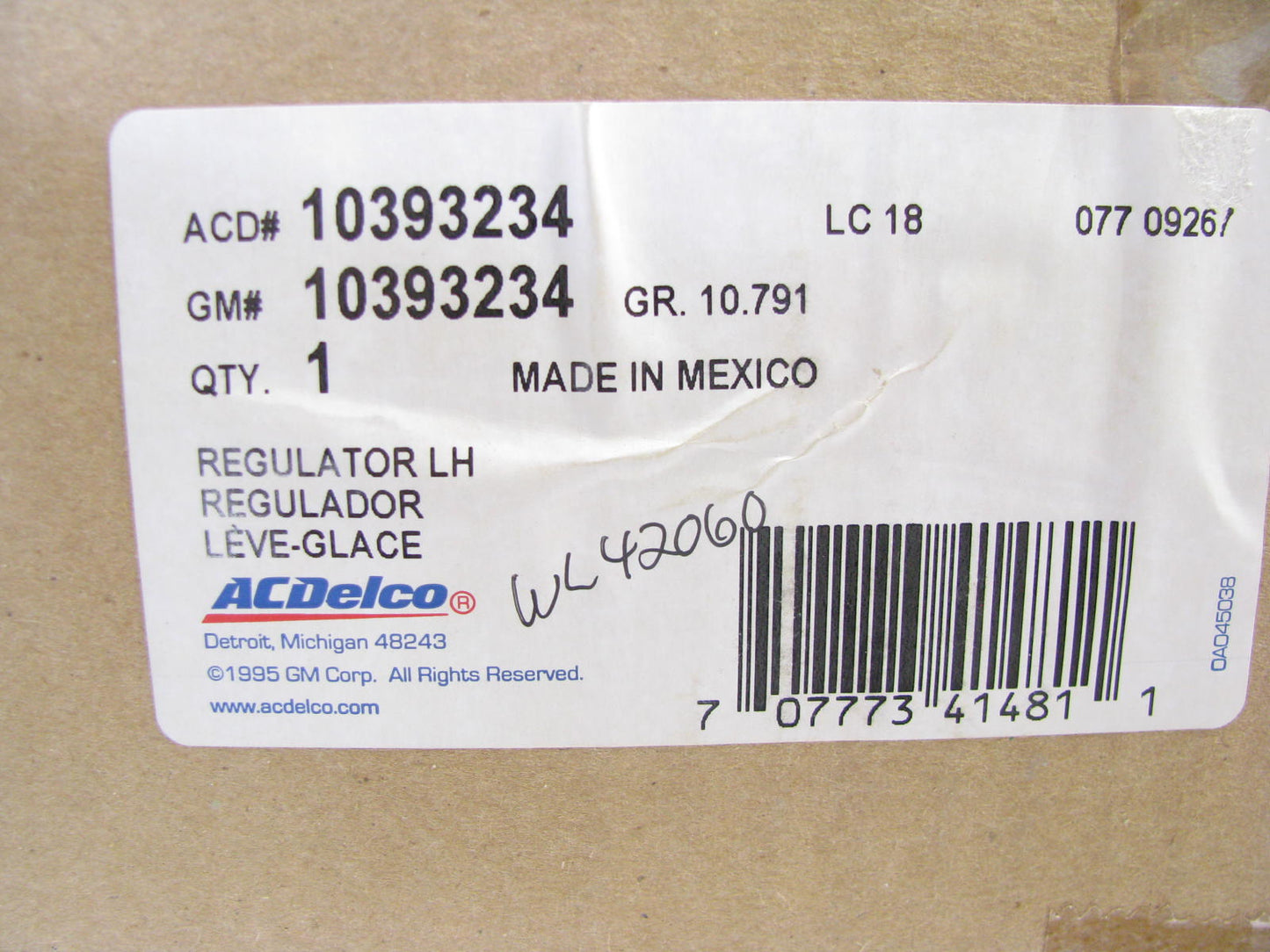 Acdelco 10393234 Rear Left Power Window Regulator 2000-2004 Cadillac DeVille