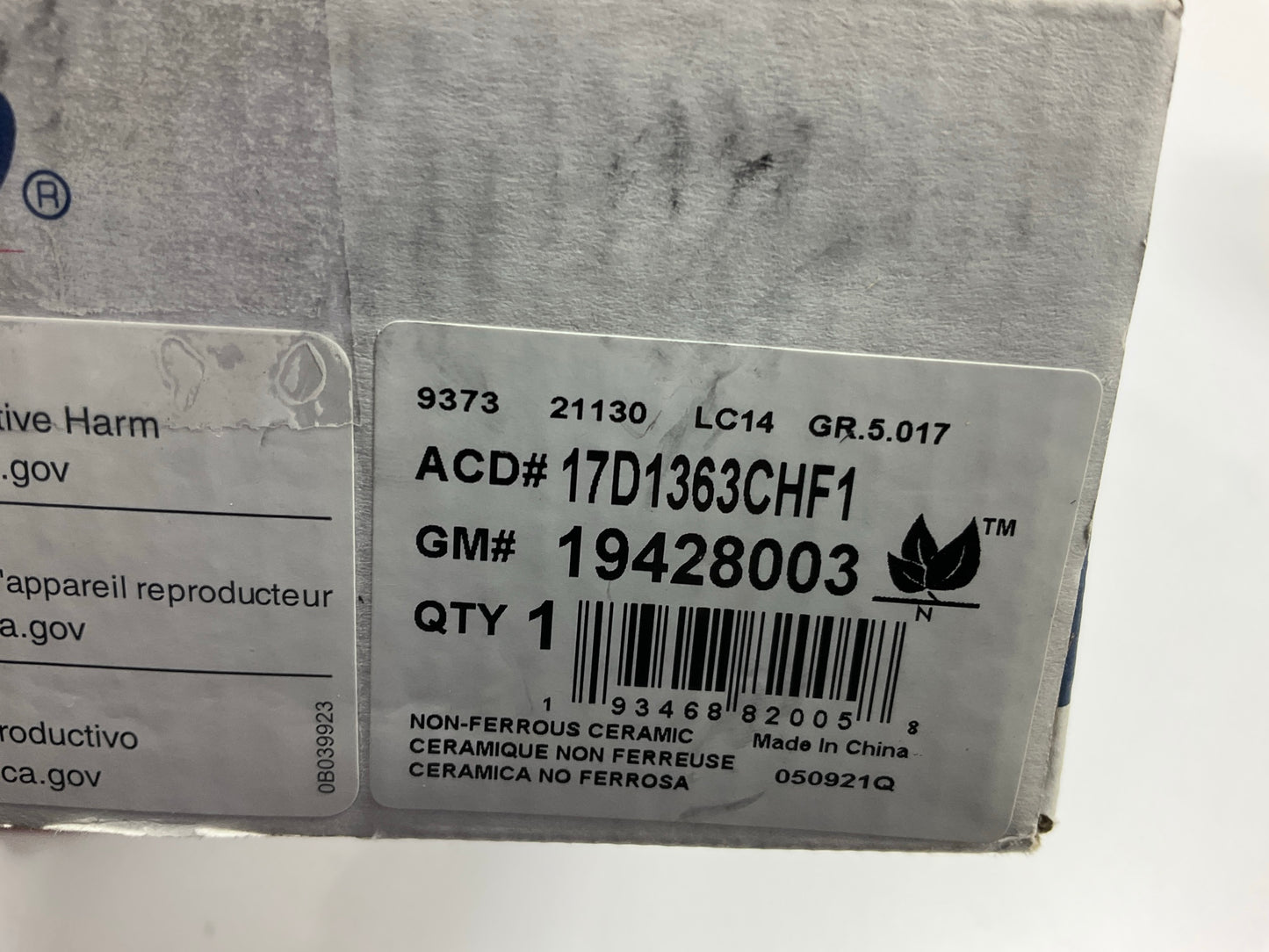 Acdelco 17D1363CHF1 Front Ceramic Brake Pads OEM GM #19428003