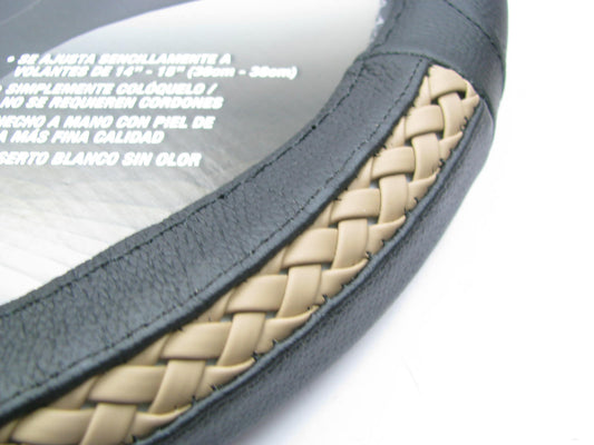 Alpena 10217 Durbin Black/Tan Braid Leather Steering Wheel Cover 14''-15'' Diam.