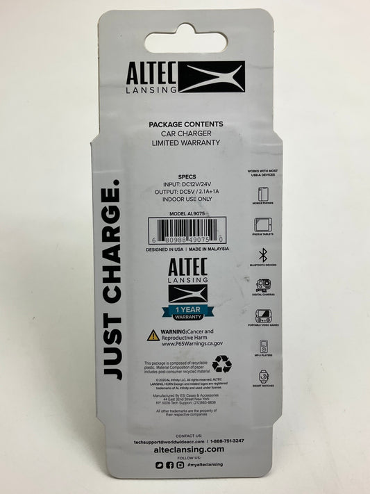 Altec Lansing AL9075 Dual USB Port Cigarette Lighter Power Outlet Socket Charger
