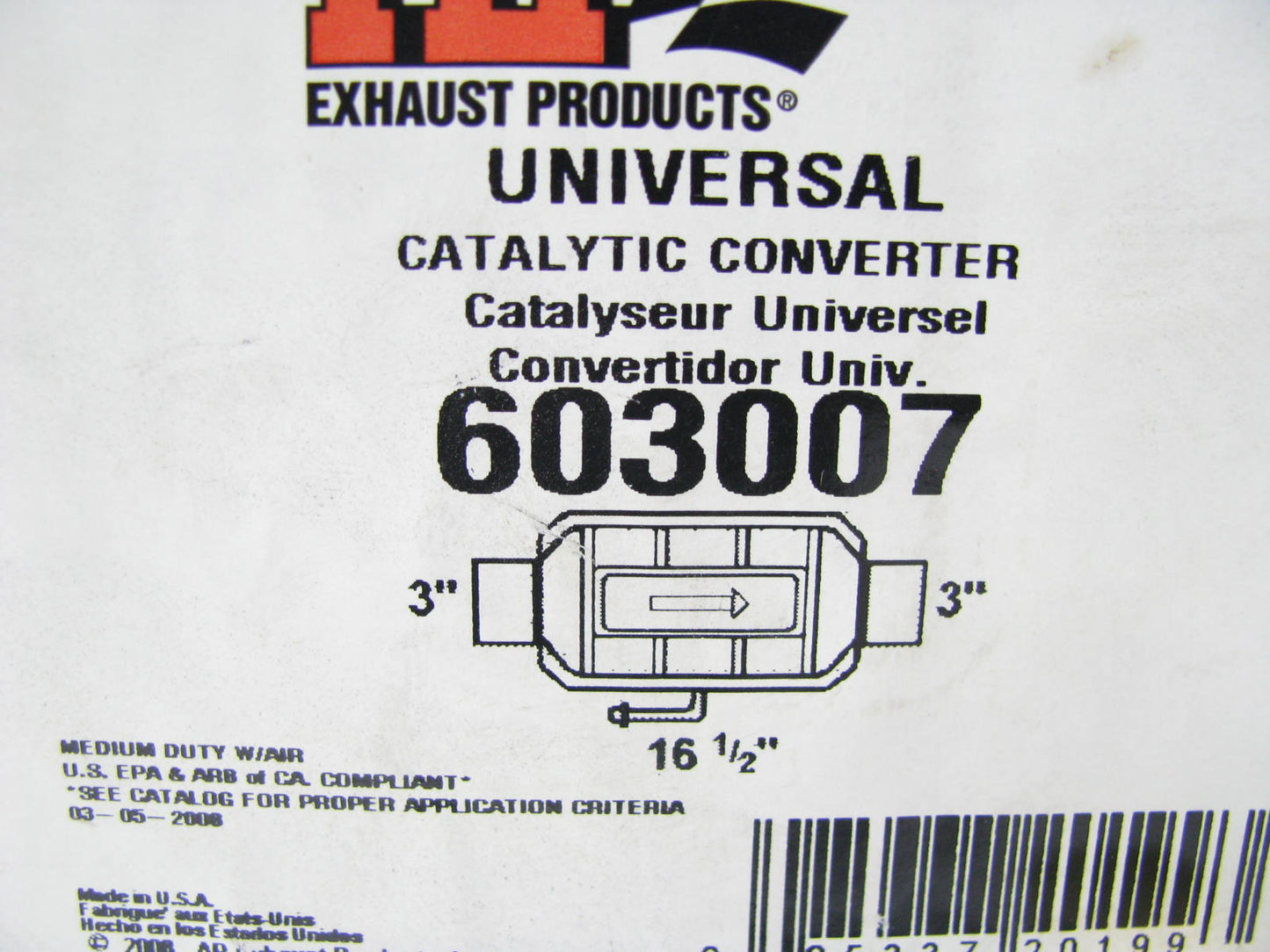 Ap Exhaust 603007 Universal Catalytic Converter 3'' X 3'' 16-1/2'' Long W/ Air
