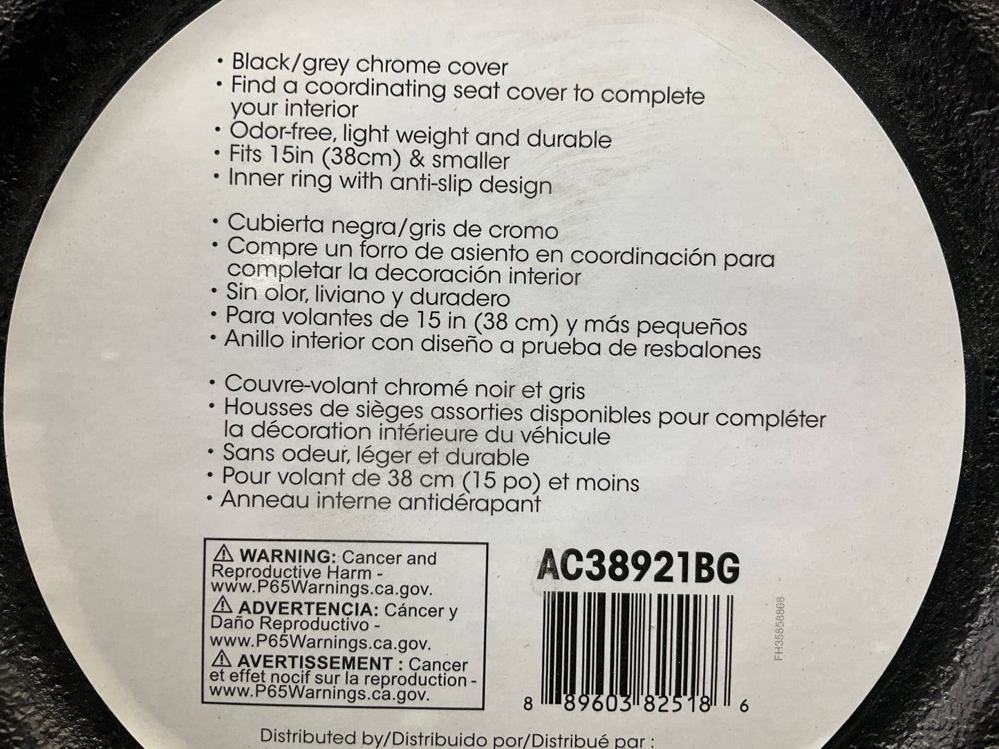 Autocraft AC38921BG - 15'' Black / Grey Chrome Steering Wheel Cover