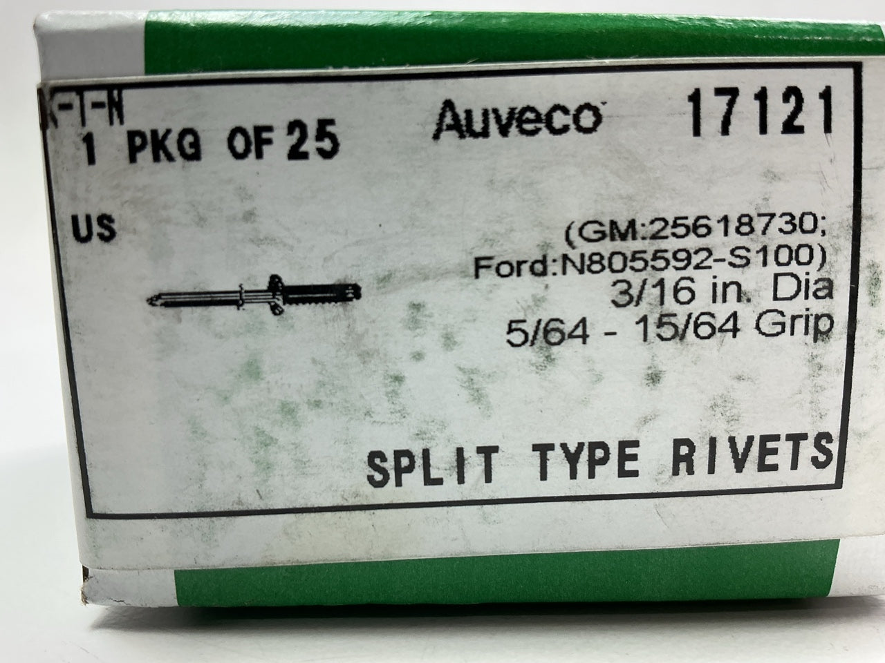 Auveco 17121 Split-Type Rivet, 3/16'' Shank, 5/16''-15/64'' Grip Qty 25