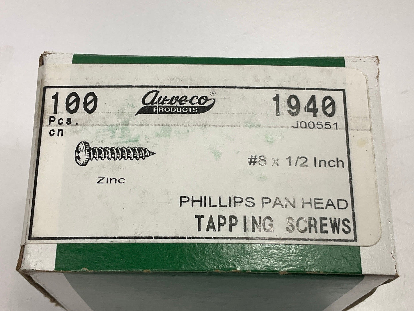 Auveco 1940 #8 X 1/2 Phillips Pan Head Tapping Screws, Plated Zinc, 100 Pack