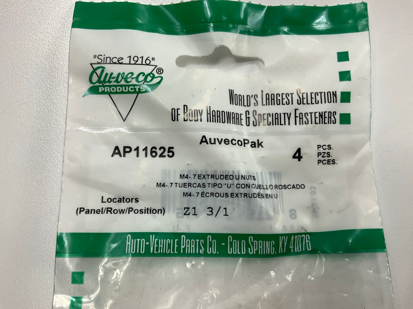 Auveco AP11625 Extruded U-Nut, For M4-.7 Screw Qty 24