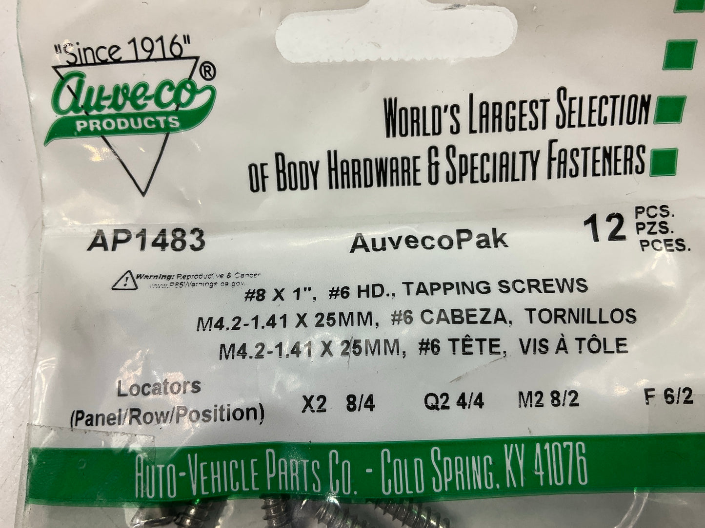 Auveco AP1483 Phillips Oval Head #8 X 1'', #6 HD, Tapping Screws Qty 780