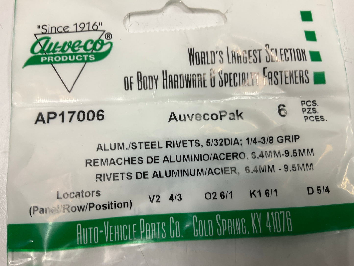 Auveco AP17006 Alumsteel Rivets5/32dia 1/4-3/8 Grip Qty 30