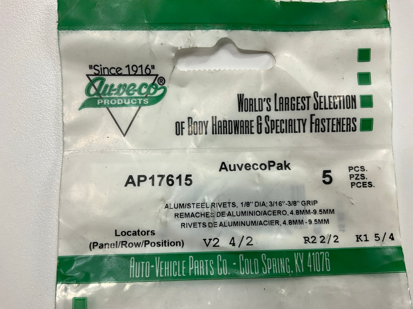 Auveco AP17615 Pecialty Rivet, 1/8 In Dia X 3/16 To 3/8 In Grip Range Qty 55