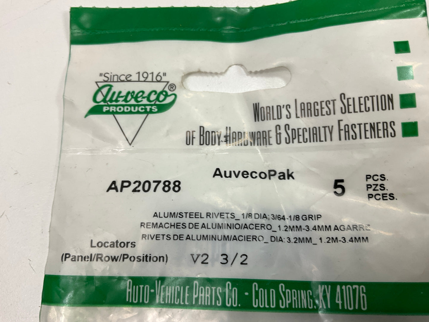 Auveco AP20788 Rivet, 1/8'' Shank, 15/64'' Head With Plastic Cap Qty 85