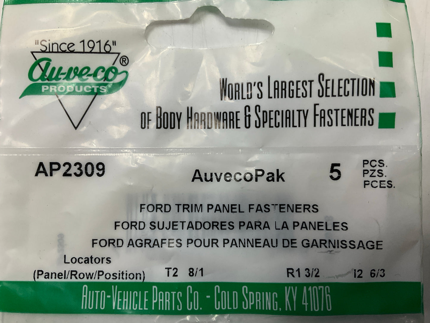 (5) Auveco AP2309 Door Trim Panel Fasteners, Metal, For 0.125'' Panels