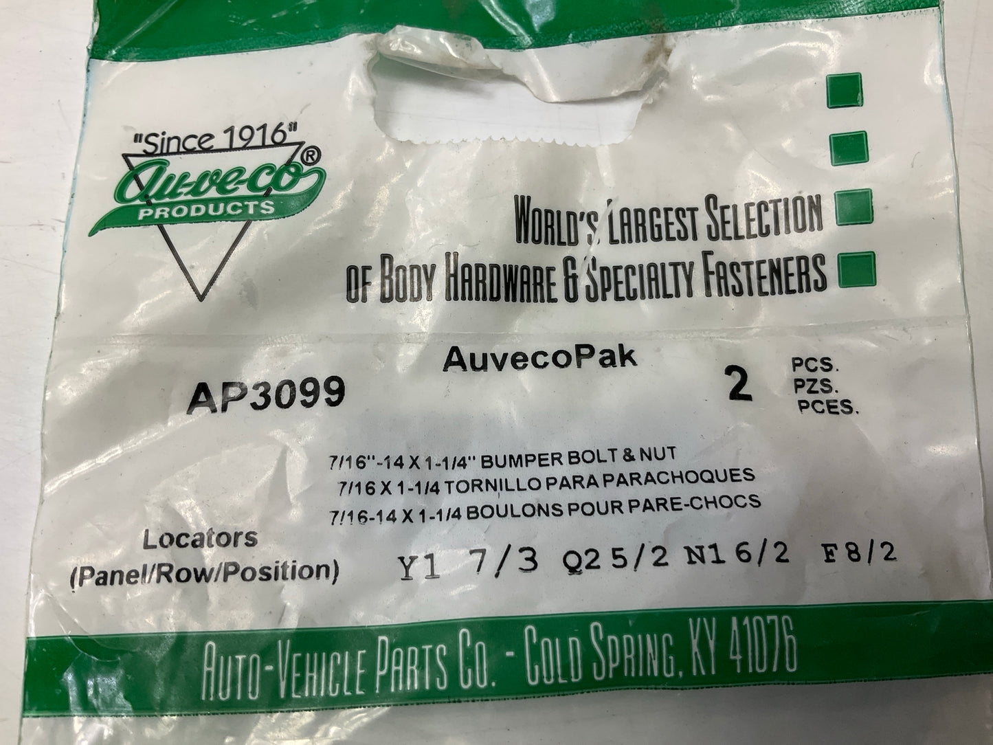 (2) Auveco AP3099 Bumper Bolt+Nut, 7/16-14 X 1-1/4''