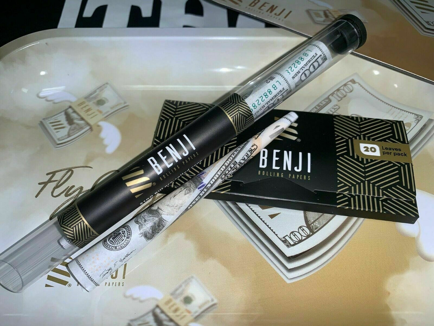 Benji White Rolling Tray & Magnetic Lid Cover, (3) Pre-Rolled Cones & (20)papers