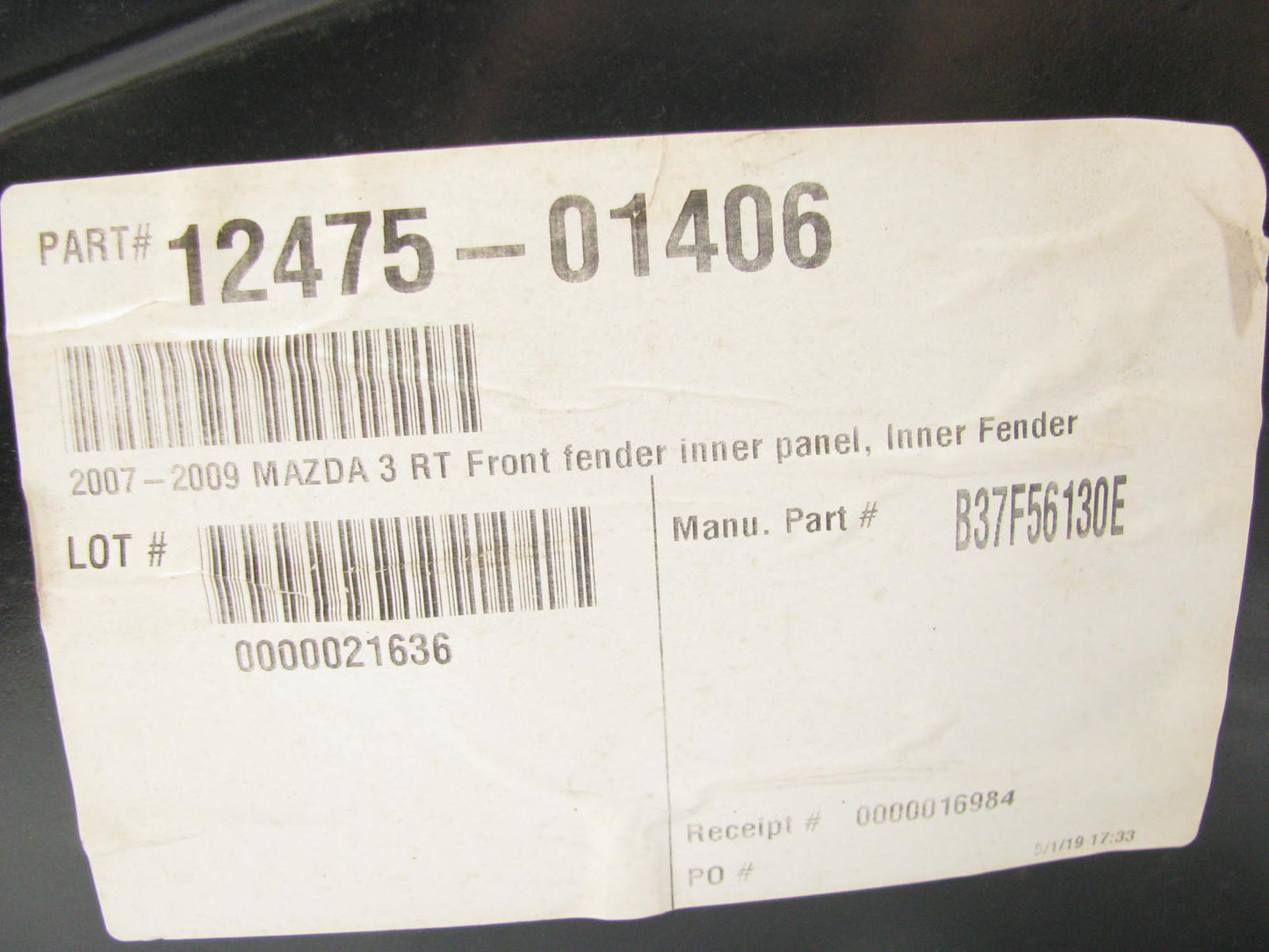 RH FRONT Passenger FENDER INNER Liner For 2007-2009 Mazda 3