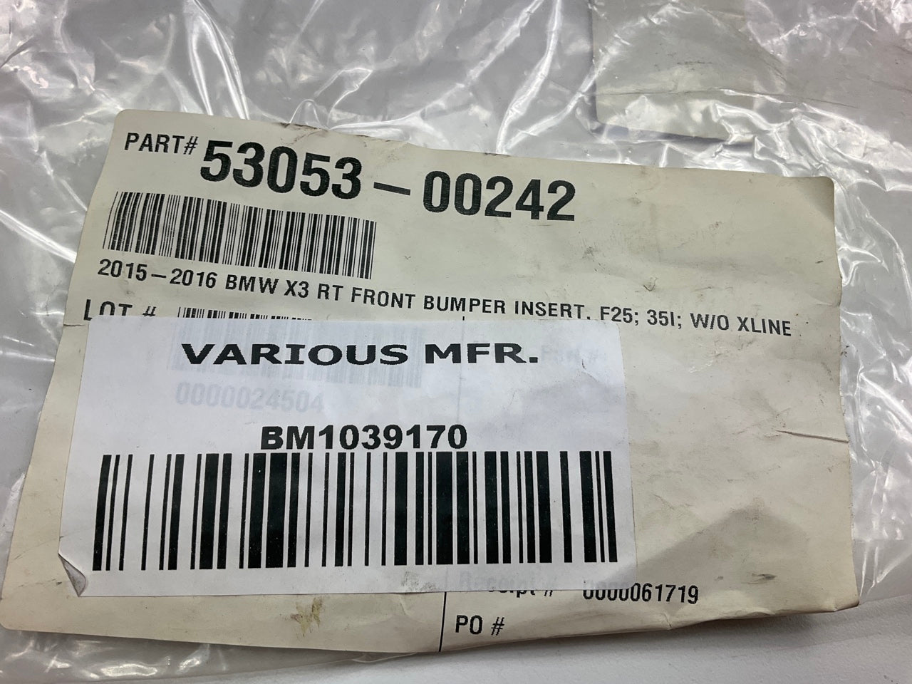 AFTERMARKET - BM1039170 FRONT RIGHT Bumper Grille Cover 2015-16 BMW X3 Xdrive35i