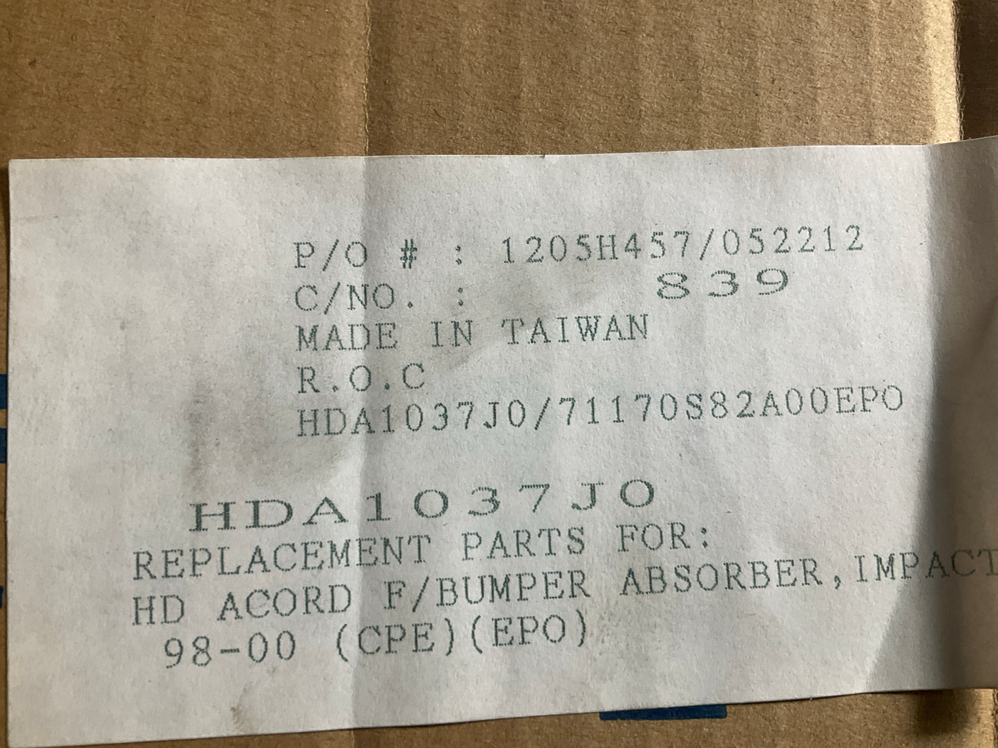 HDA1037J0 New Replacement Front Bumper Impact Absorber - 1998-2000 Honda Accord
