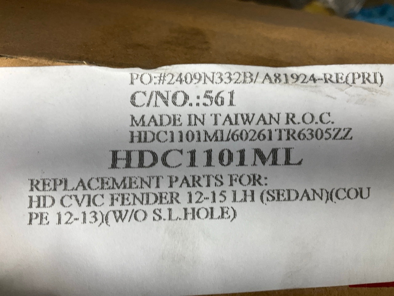 HDC1101ML 2012-2015 Honda Civic Front Left Driver Side Fender