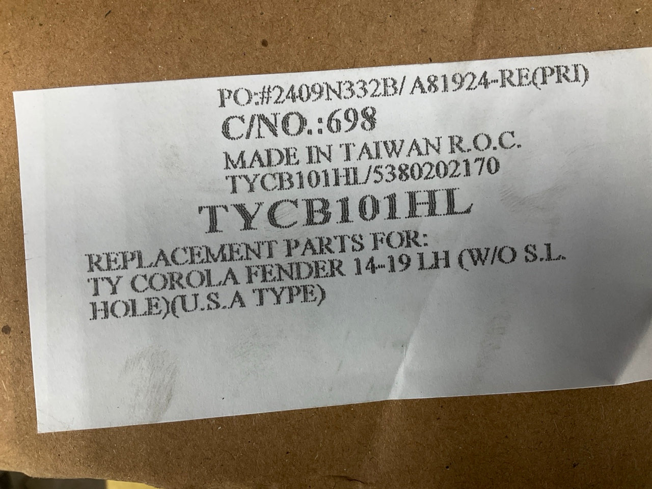 NEW - AFTERMARKET TYCB101HL Front Left Fender For 2014-2018 Toyota Corolla