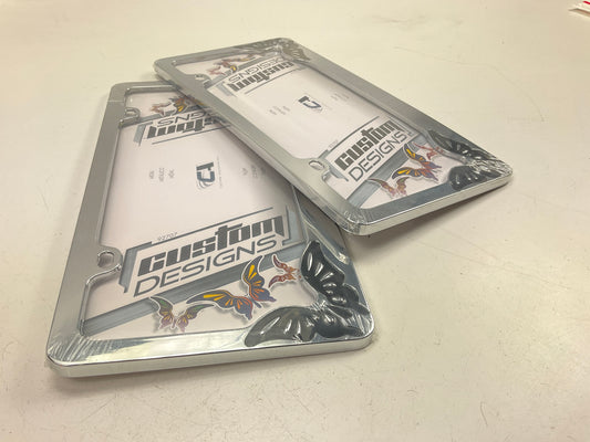 (2) Custom Accessories 92707 Chrome Butterfly Design License Plate Frame