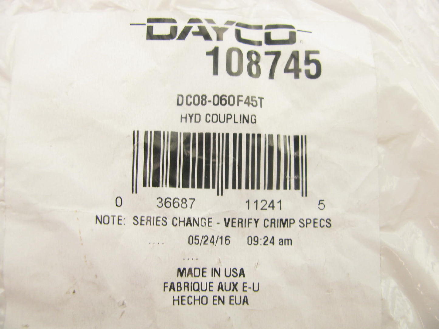 Dayco Hydraulic Crimp Fitting Coupler 45 Degree Female Swivel O-Ring 1/2'' Hose