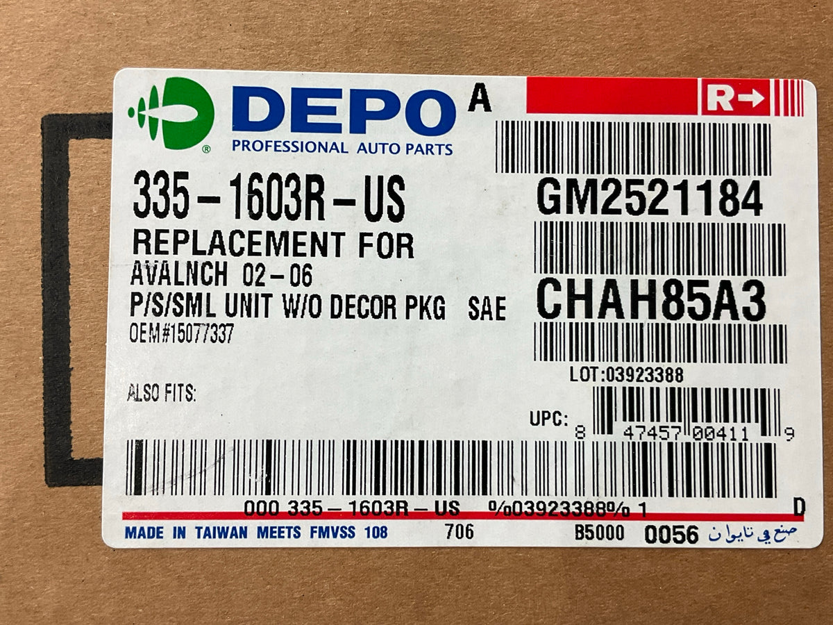 Depo 335-1603R-US Right Headlight Headlamp For 2002-06 Chevy Avalanche 1500 2500