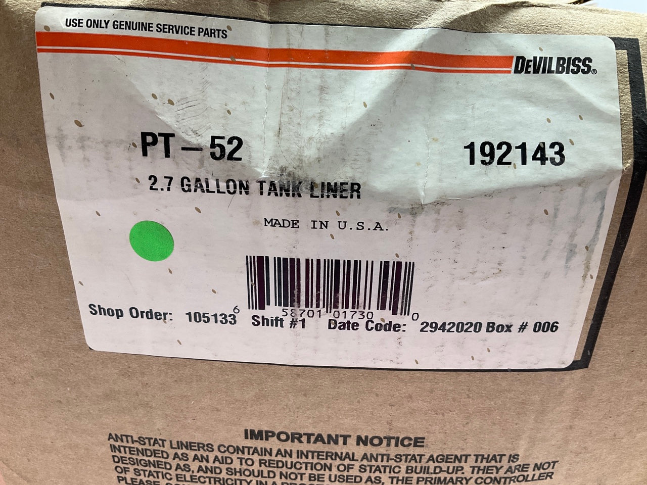DeVilbiss 192143 PT-52 Liner For QMST QMGT-5200 2.7 Gallon Pressure Tank, 10 Pcs