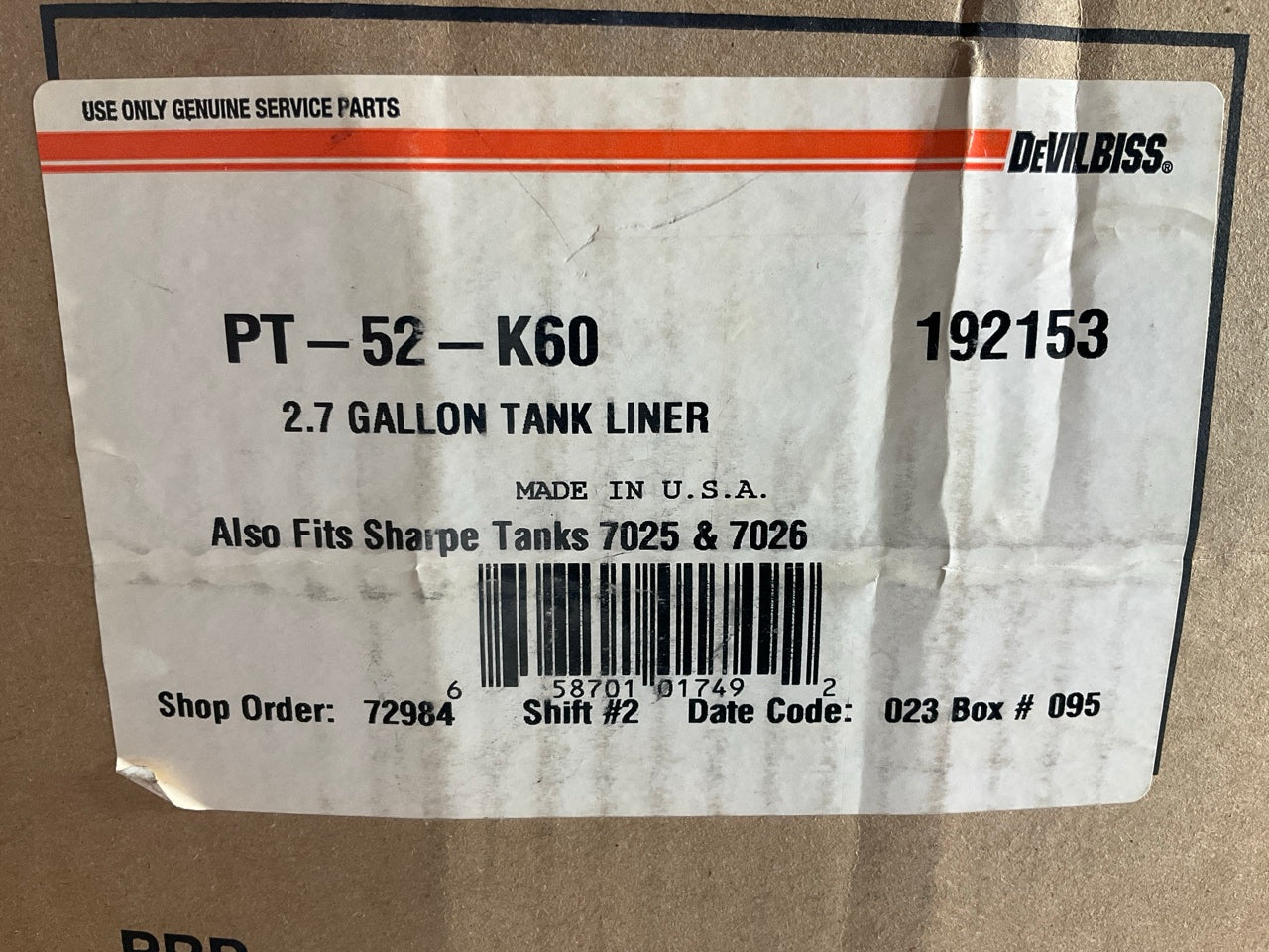 DeVilbiss PT52K60 Polyethylene Liner 2.7 Gallon - 60 / PACK
