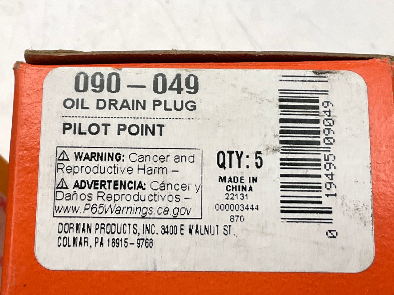 (5) Dorman 090-049 Oil Drain Plug Pilot Point M12-1.25, Head Size 13Mm