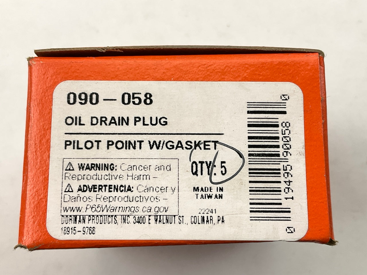(5) Dorman 090-058 Oil Drain Plug, Pilot Point, With Gasket