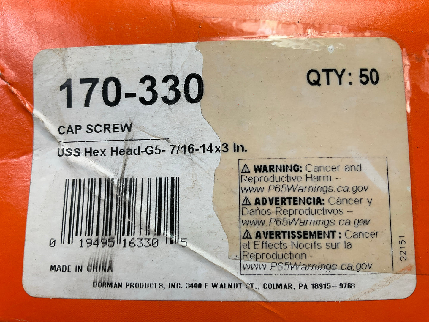 48 Pcs - Dorman 170-330 Cap Screw Bolts Hex Head, Grade 5, 7/16-14 X 3''