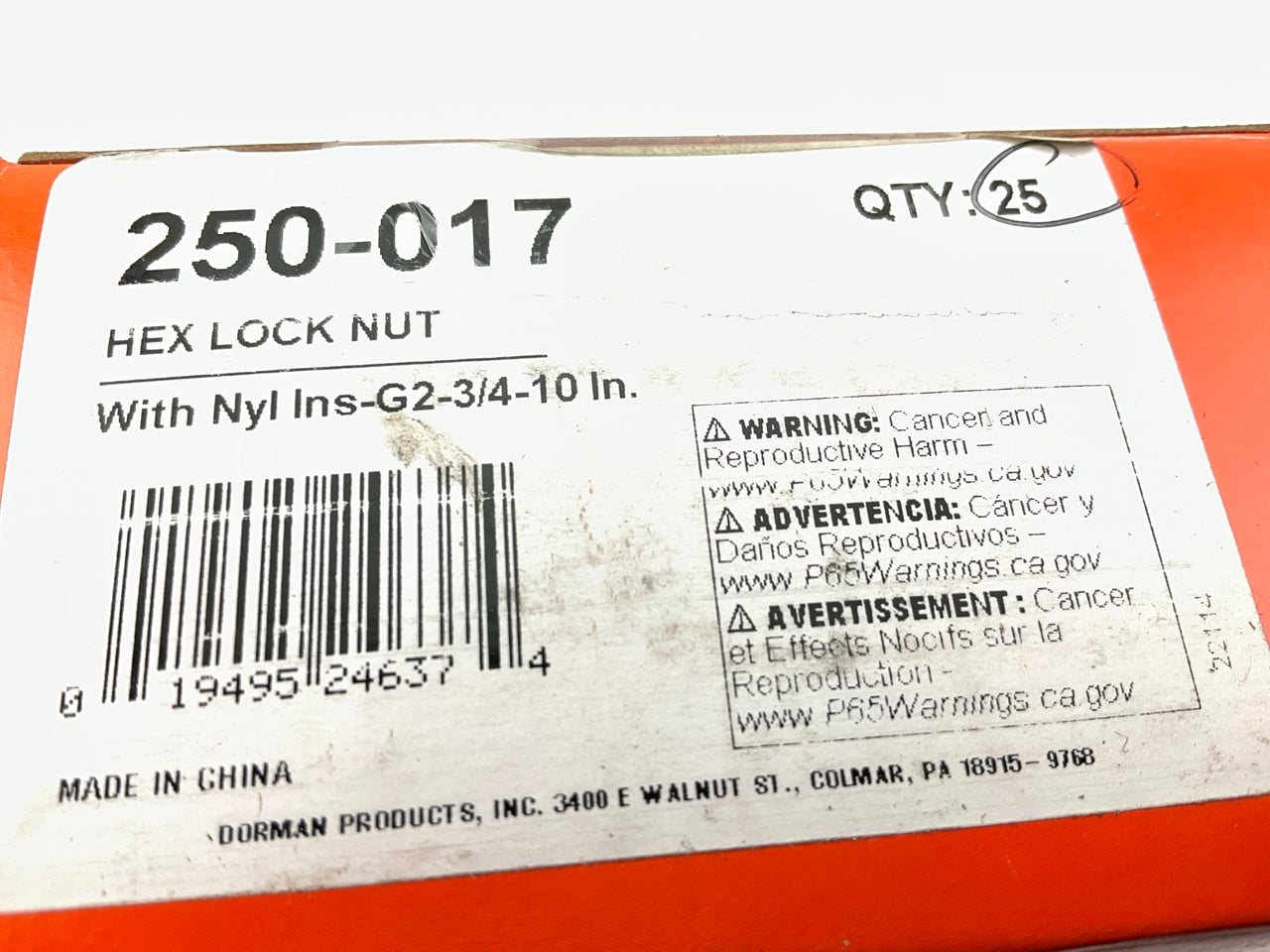 (25) Dorman 250-017 Hex Lock Nut With Nylon Insert, Grade 2, Thread Size 3/4-10