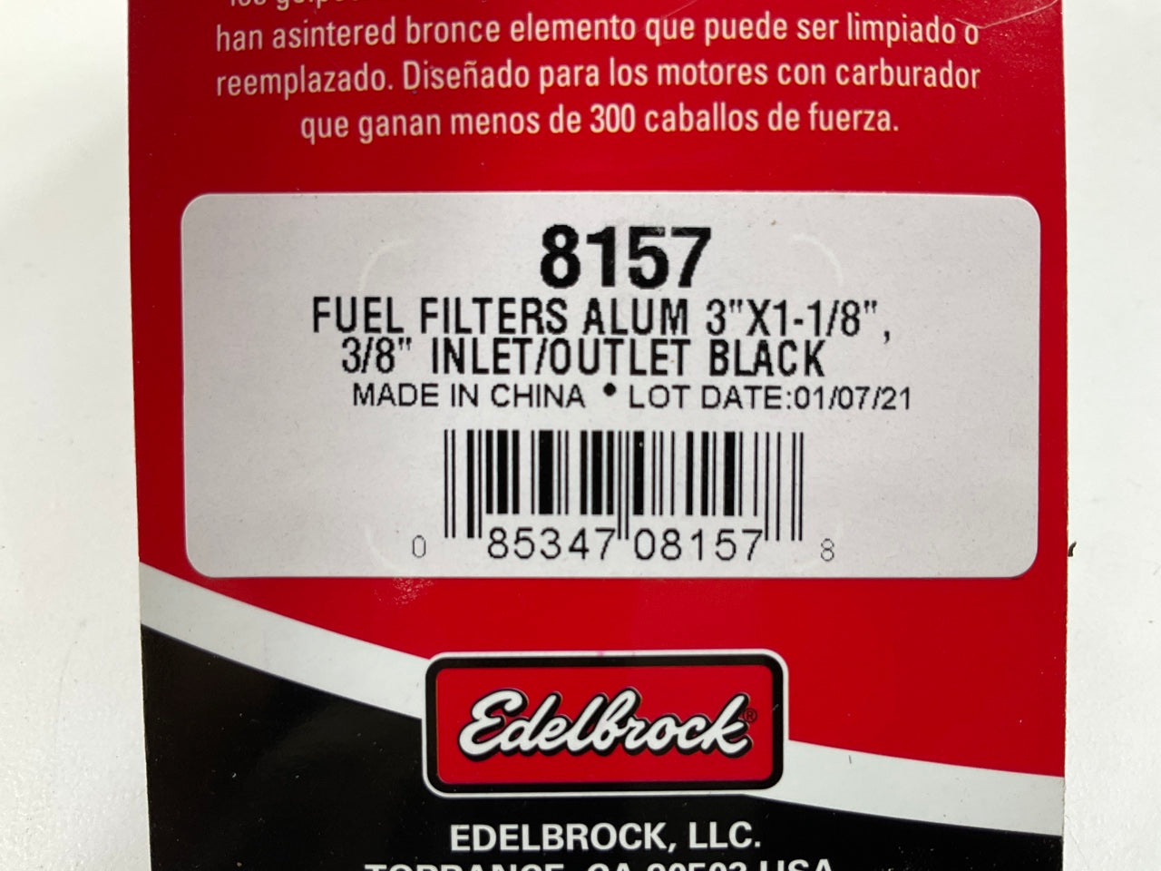 Edelbrock 8157 Aluminum Street Fuel Filter 3'' X 3/4'' 3/8'' Inlet / Outlet