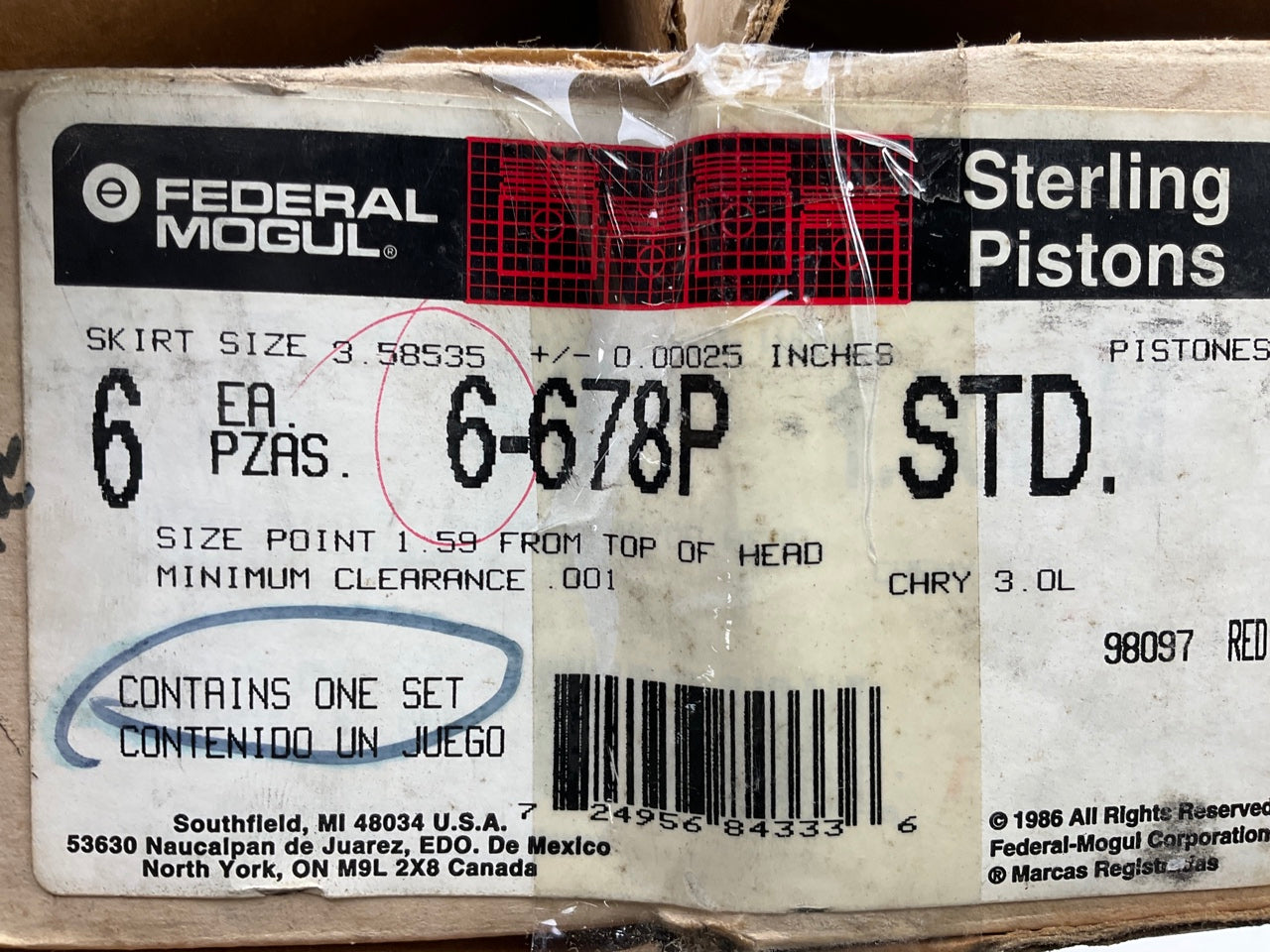 (6) Federal Mogul 678P Standard Size Pistons Set For 1987-1993 Chrysler 3.0L V6