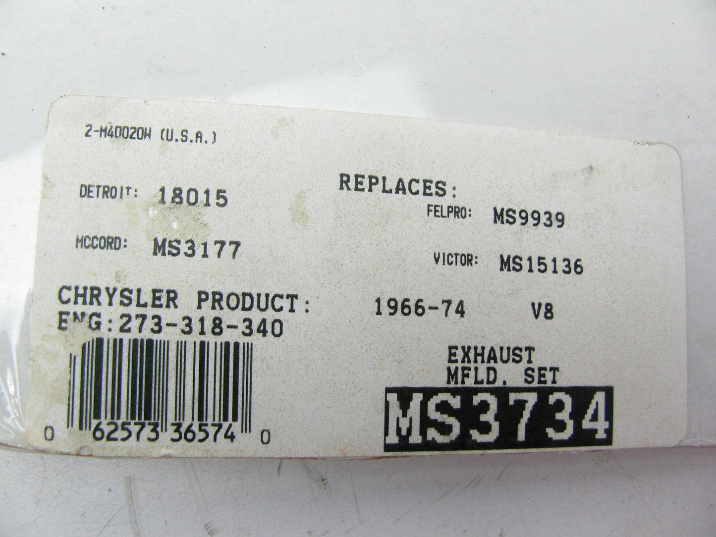 Exhaust Manifold Gasket Set For Dodge, Plym. 1967-1974 > 273-318-340 V8