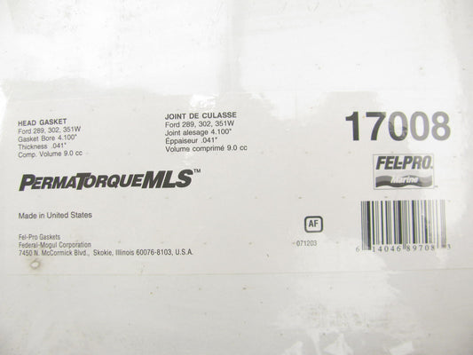 Fel-pro 17008 Marine Cylinder Head Gasket For Ford 260 289 302 351W V8