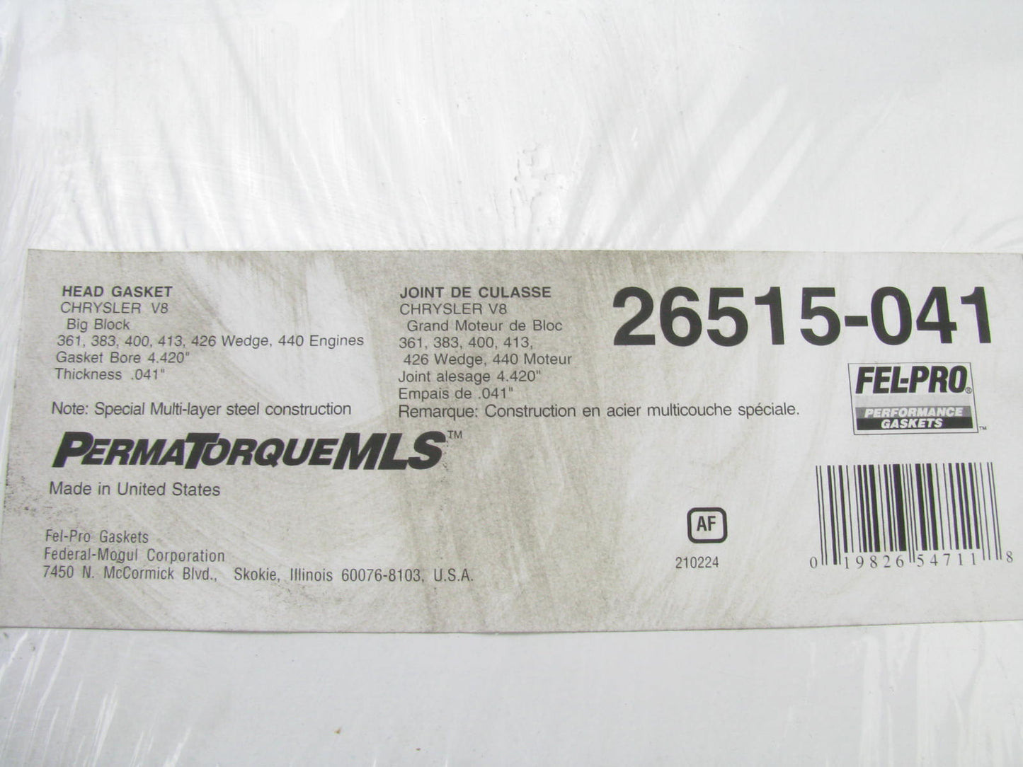 Fel-pro 26515-041 MLS Cylinder Head Gasket For Chrysler 361 383 400 413 426 .041