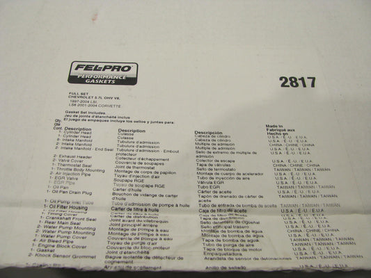 Fel-pro 2817 Performance Full Engine Rebuild Gasket Set 1997-2004 Chevy LS1, LS6
