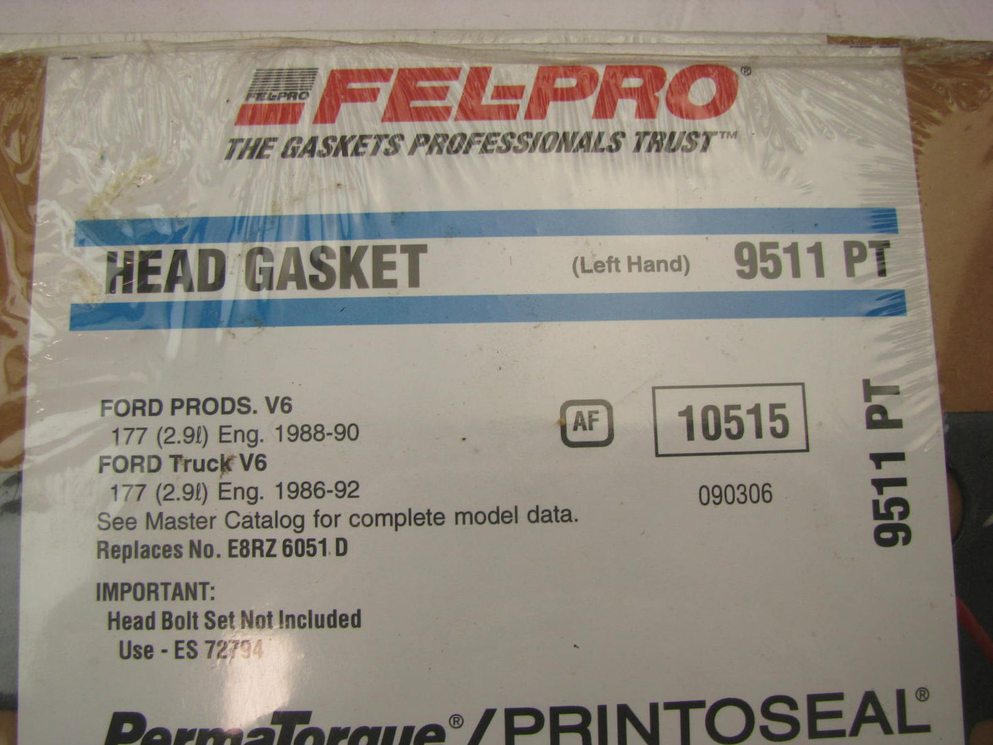 Fel-Pro 9511PT LEFT Cylinder Head Gasket - 1988-90 Ford 177, 86-92 177 - 2.9L V6