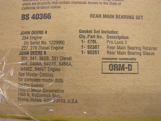Fel-pro BS40366 Rear Main Seal Kit For John Deere 227 254 301 341 362 381 404