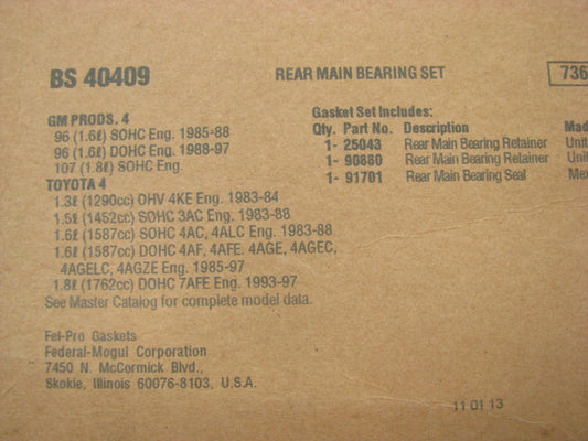 Fel-Pro BS40409 Rear Main Bearing Seal Set 83-97 Toyota 1.3L 1.5L 1.6L 1.8L I4