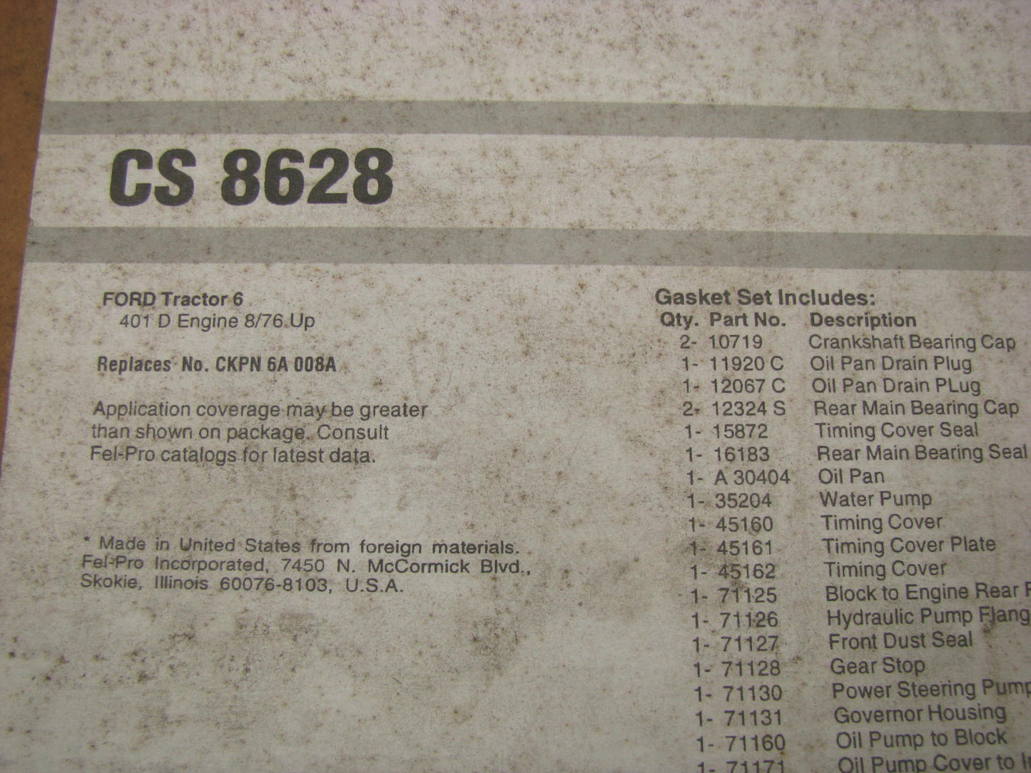 Fel-pro CS8628 Conversion Lower Gasket Set for Ford Tractor 401D Diesel