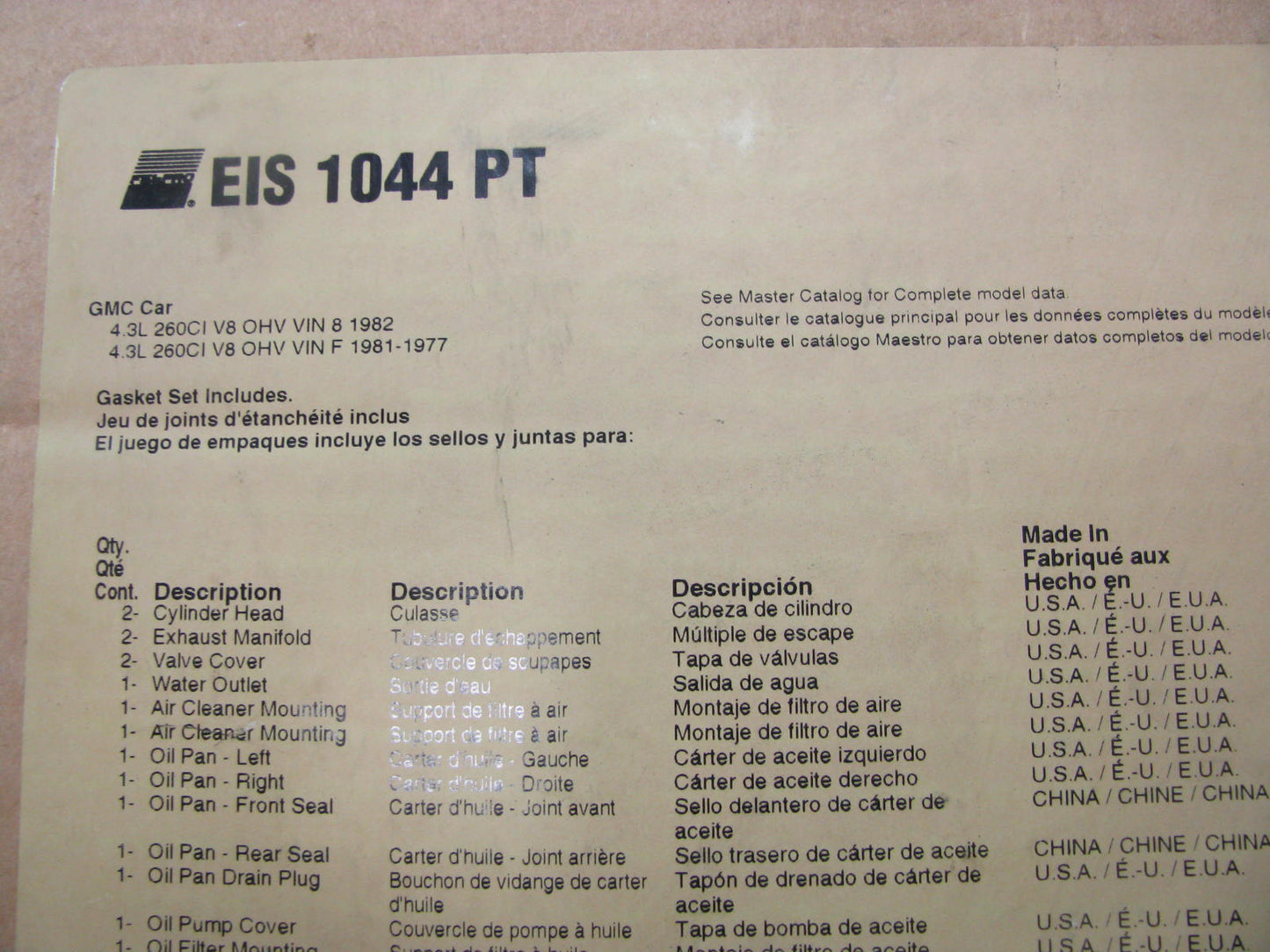 Fel-pro EIS1044PT Engine Rebuild Gasket Set 1977-1982 Chevrolet GMC Car 4.3L-V6