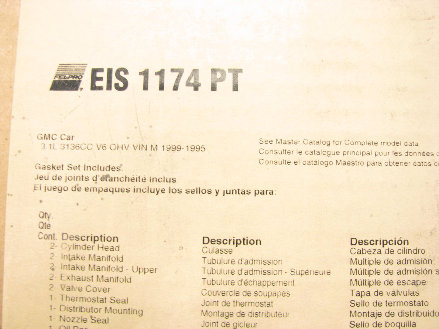 Fel-pro EIS1174PT Engine Short Block Gasket Set for 1995-1999 GM 3.1L-V6