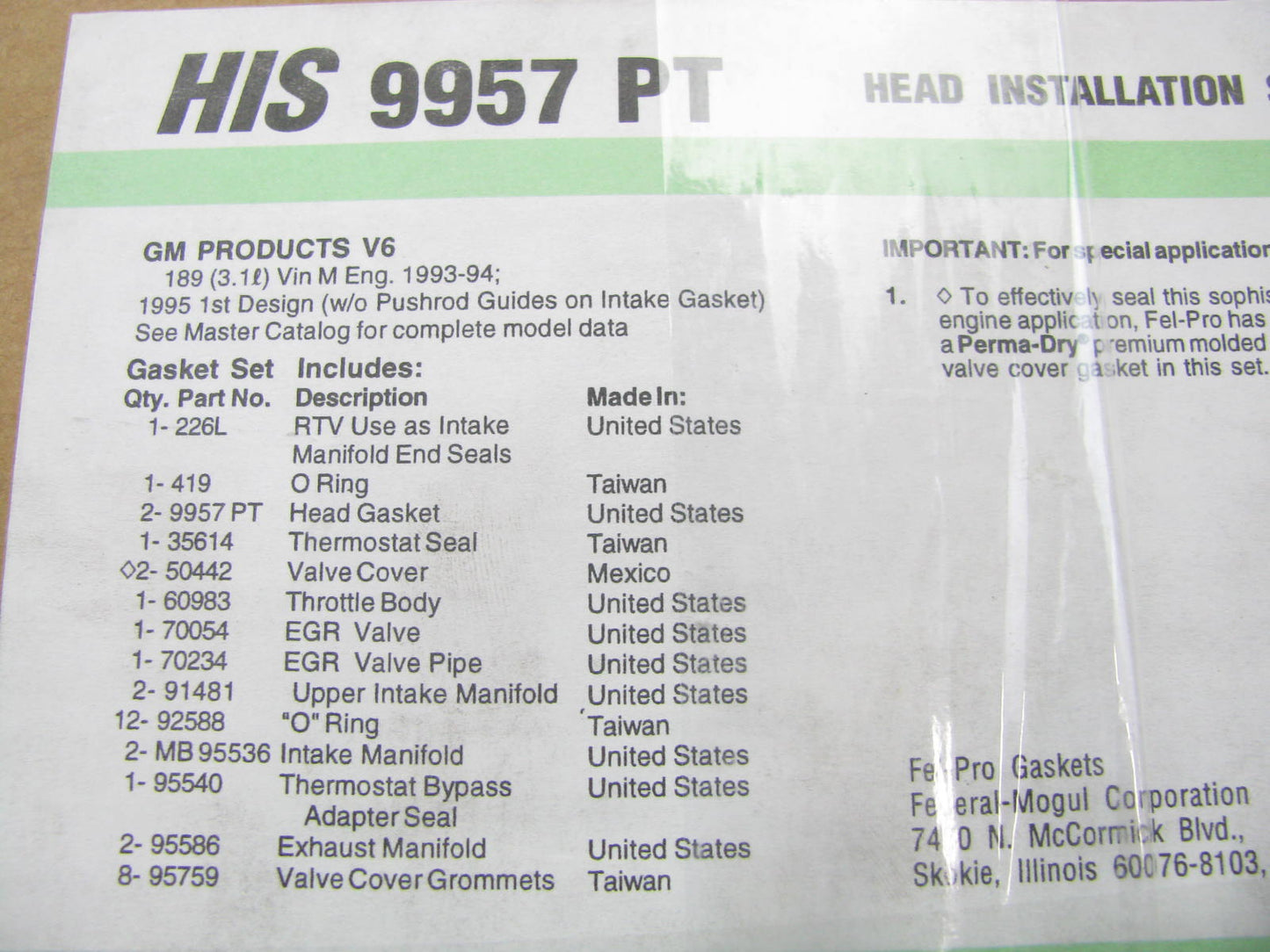 Fel-pro HIS9957PT Engine Cylinder Head Gasket Set For 1993-1996 GM 3.1L-V6