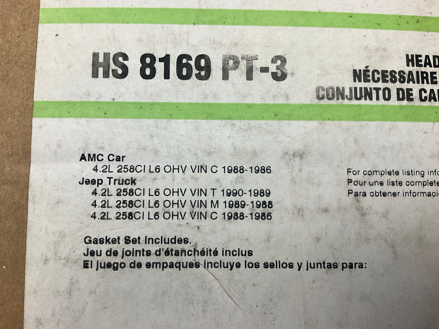 Fel-pro HS8169PT-3 Cylinder Head Gasket Set For 1987-1990 Jeep AMC 4.2L-L6