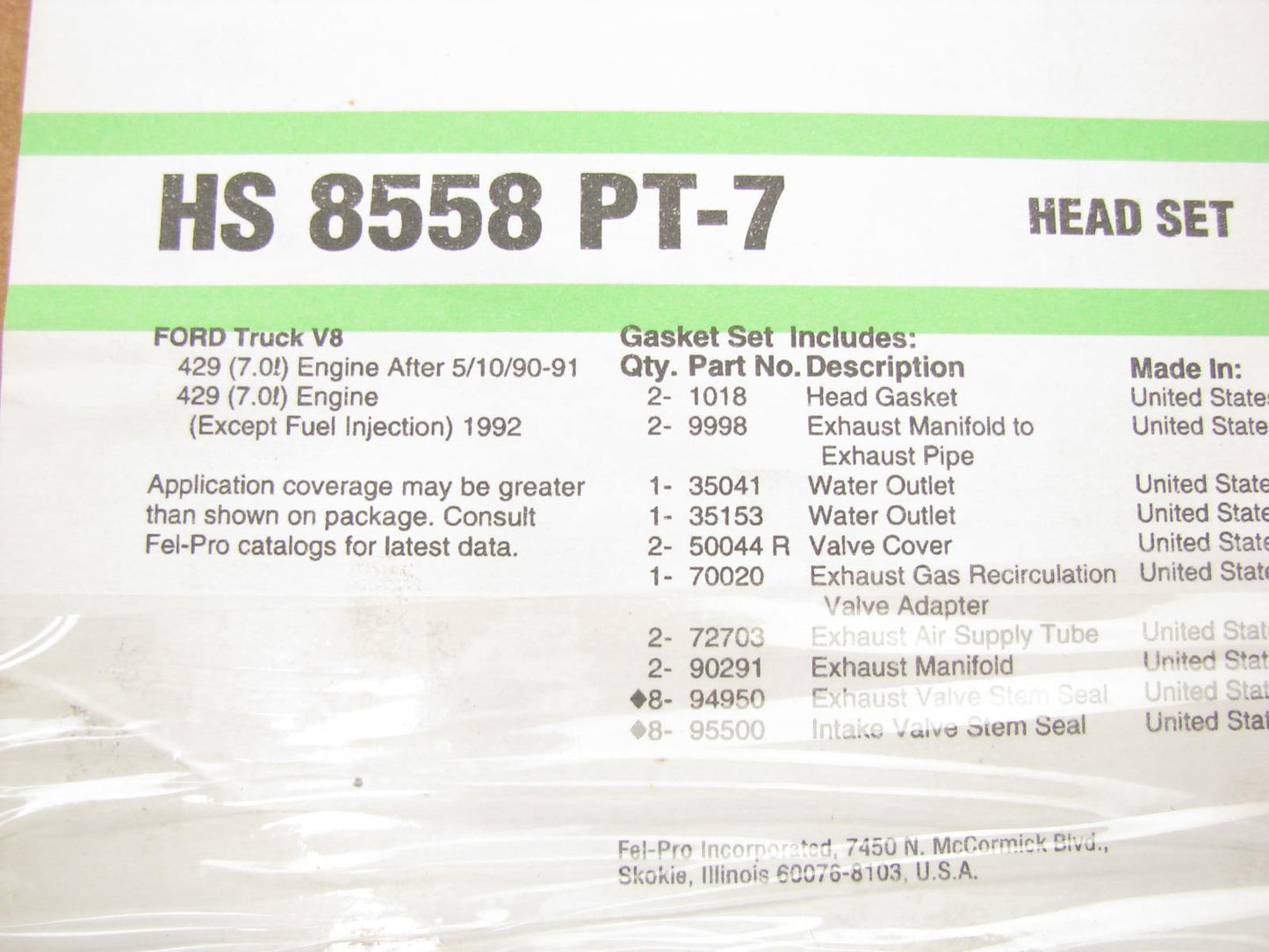 Fel-pro HS8558PT7 Cylinder Head Gasket Set for 1990-1991 Ford Truck 370 429-V8