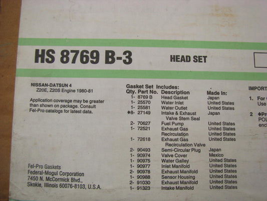 Fel-pro HS8769B3 Cylinder Head Gasket Set For 1980-1981 Datsun 2.0L 200SX, 510